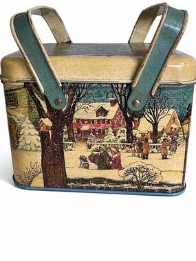 Vintage Christmas Tin Basket Village Scene Greetings 1983 Cheinco USA
